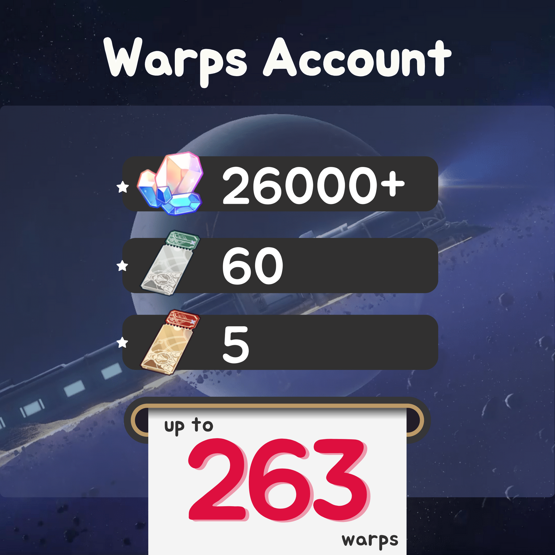 Honkai Star Rail Warps Account with 5 Special Passes and 60 Normal Passes and 31000 Stellar Jades